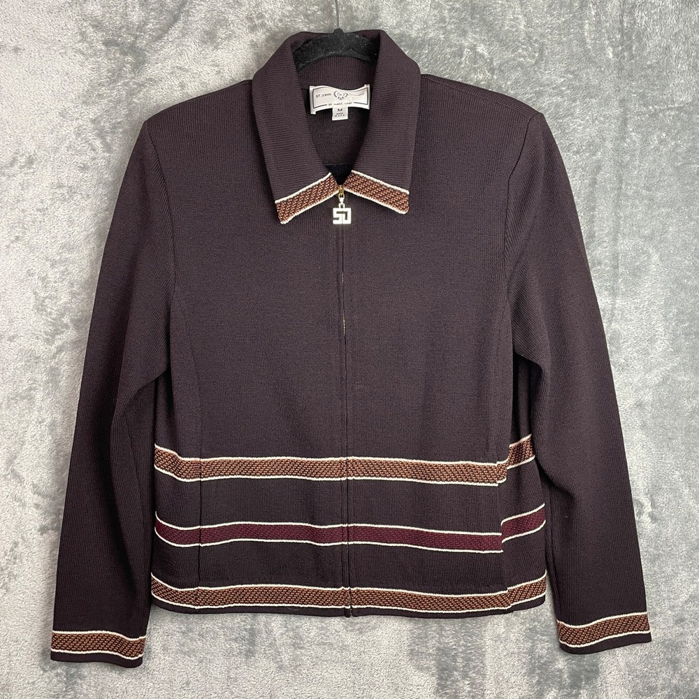 ST. JOHN Sport Santana‎ Knit Cardigan Jacket Medium Chocolate Brown Old Money